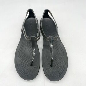 Crocs Womens 11 Isabella T-Strap Black Jelly Sandals Shoes Flats Strappy Thong